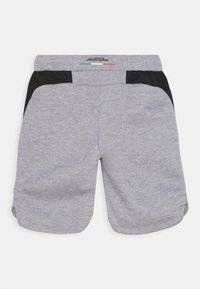 Shorts grises claros con paneles laterales negros, una cintura elástica y una pequeña bandera con el logotipo de "Lamborghini" en el centro de la parte trasera.
