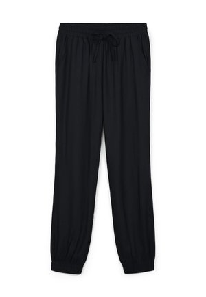 Pantaloni neri, leggeri, con vita elasticizzata e cordino, tasche laterali e polsini affusolati. Tessuto liscio e design semplice.