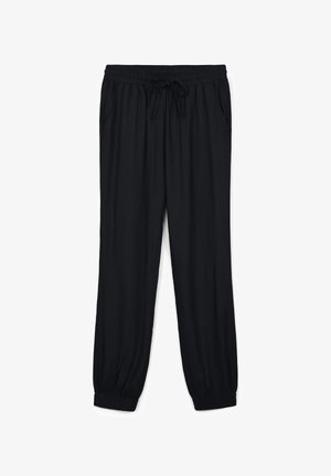 Pantaloni neri, leggeri, con vita elasticizzata e cordino, tasche laterali e polsini affusolati. Tessuto liscio e design semplice.