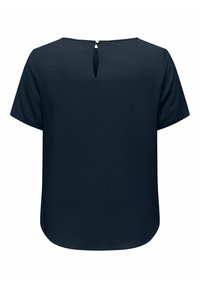 Mørkeblå kortermet topp med rund hem, teksturert stoff og en nøkkelhullåpning bak som er avsluttet med en liten sølvknapp.