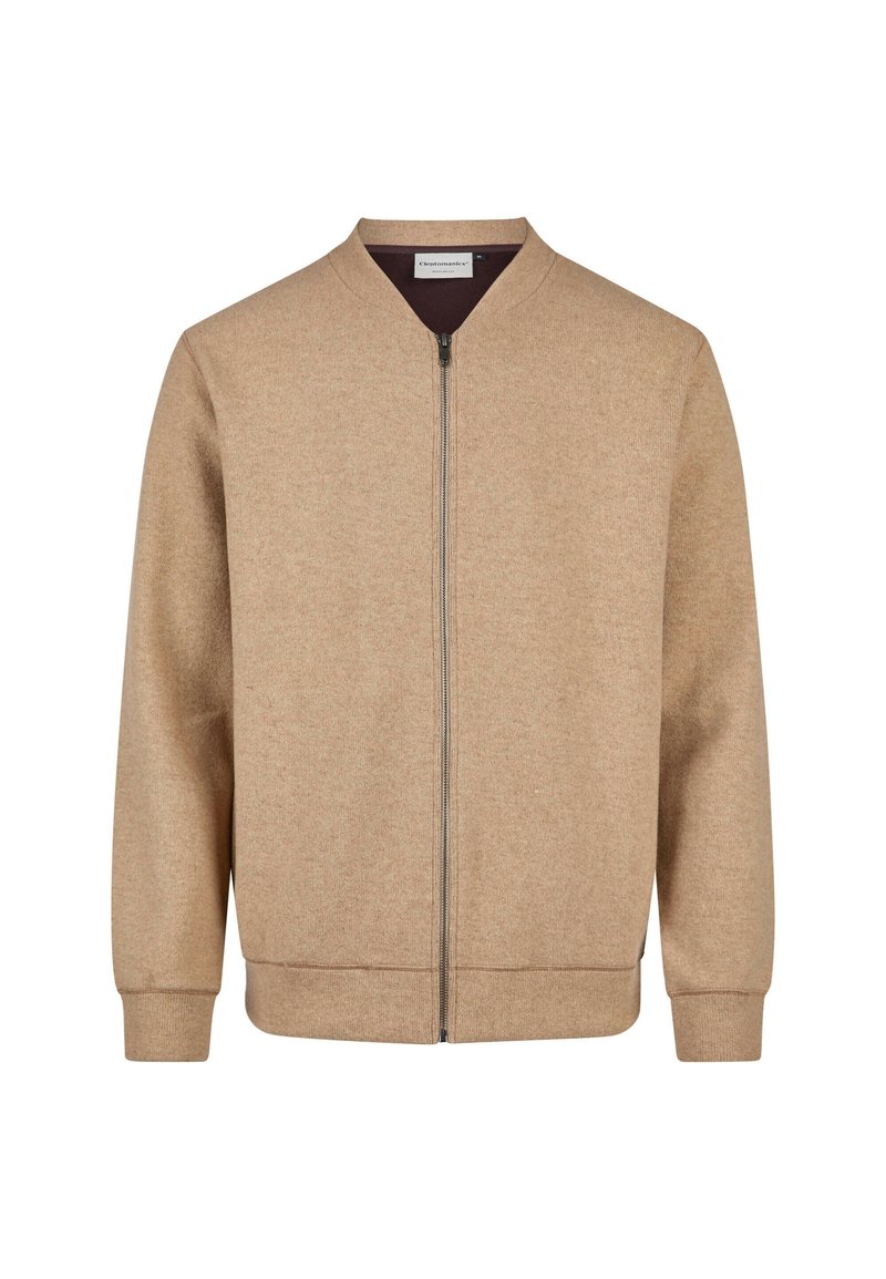 Tan bomber jacket made from soft material, featuring a zip front closure, round neckline, and ribbed cuffs and hem.