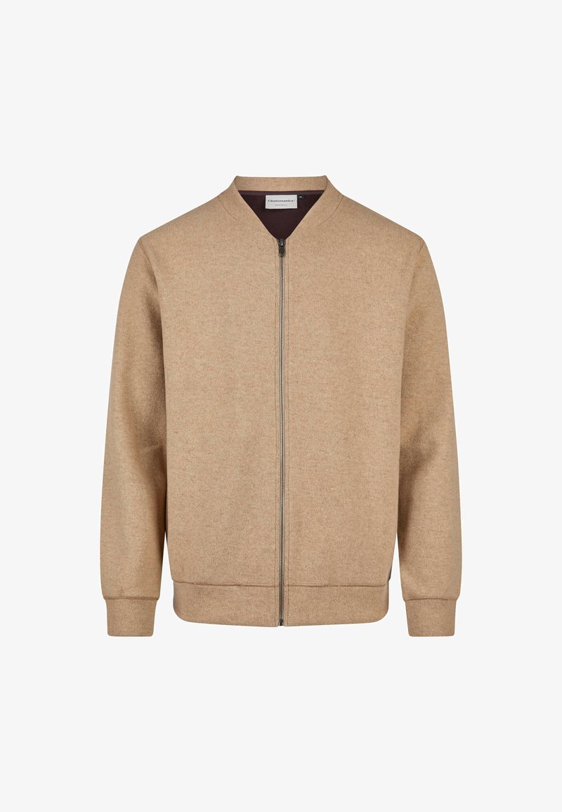 Tan bomber jacket made from soft material, featuring a zip front closure, round neckline, and ribbed cuffs and hem.