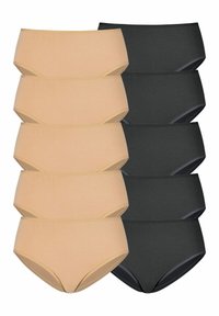 Set von hochtaillierten Unterhosen, bestehend aus vier beigefarbenen und vier schwarzen Teilen. Hergestellt aus glattem Material mit elastischen Bündchen, ohne sichtbare Nähte.