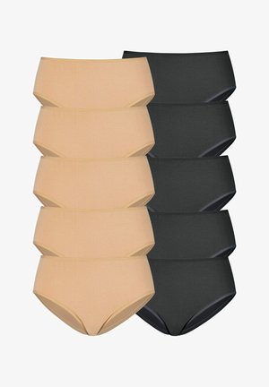 Pack of high-waisted underwear, featuring four beige and four black pieces. Made of smooth fabric with elastic waistbands, no visible seams.