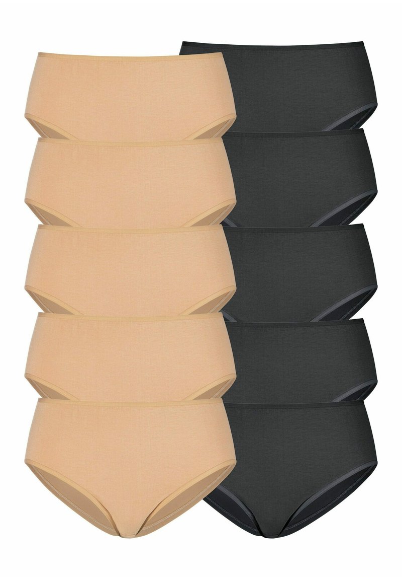 Set von hochtaillierten Unterhosen, bestehend aus vier beigefarbenen und vier schwarzen Teilen. Hergestellt aus glattem Material mit elastischen Bündchen, ohne sichtbare Nähte.
