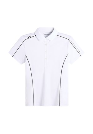 Wit poloshirt met korte mouwen, zwarte naden, een knopenlijst en merknaam op de rechtermouw.