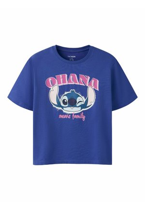 Blue short-sleeve children's T-shirt with a winking cartoon character, large "OHANA" text above, and "means family" text below.