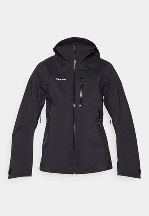 Schwarze wasserdichte Jacke mit passender Kapuze, Frontreißverschluss und mehreren Reißverschlusstaschen. Glatte Textur und verstellbare Bündchen.