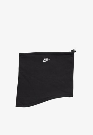 Scaldacollo Nike nero in materiale morbido, con design curvo e logo bianco sulla parte frontale. Dettaglio con cerniera su un lato.