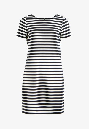 Kurzärmeliges schwarzes und weißes Kleid mit horizontalen Streifen, Rundhalsausschnitt und Reißverschluss im Rücken.