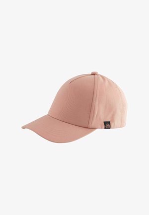 Heled roosa pesapalli müts kumerate äärega, valmistatud pehmest kangast. Sellel on tikitud detailid ja külgedel väike must logo silt.