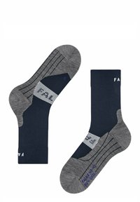 Calcetines de mezcla de algodón en azul oscuro y gris. Presentan un diseño acanalado, talón y puntera en contraste, con marcas de tamaño y un patrón a rayas en el lado.