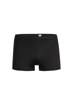 Schwarze Schwimmshorts aus einem glatten, dehnbaren Material. Einfaches Design mit einem mittelhohen Bund und ohne Muster oder Metallteile.