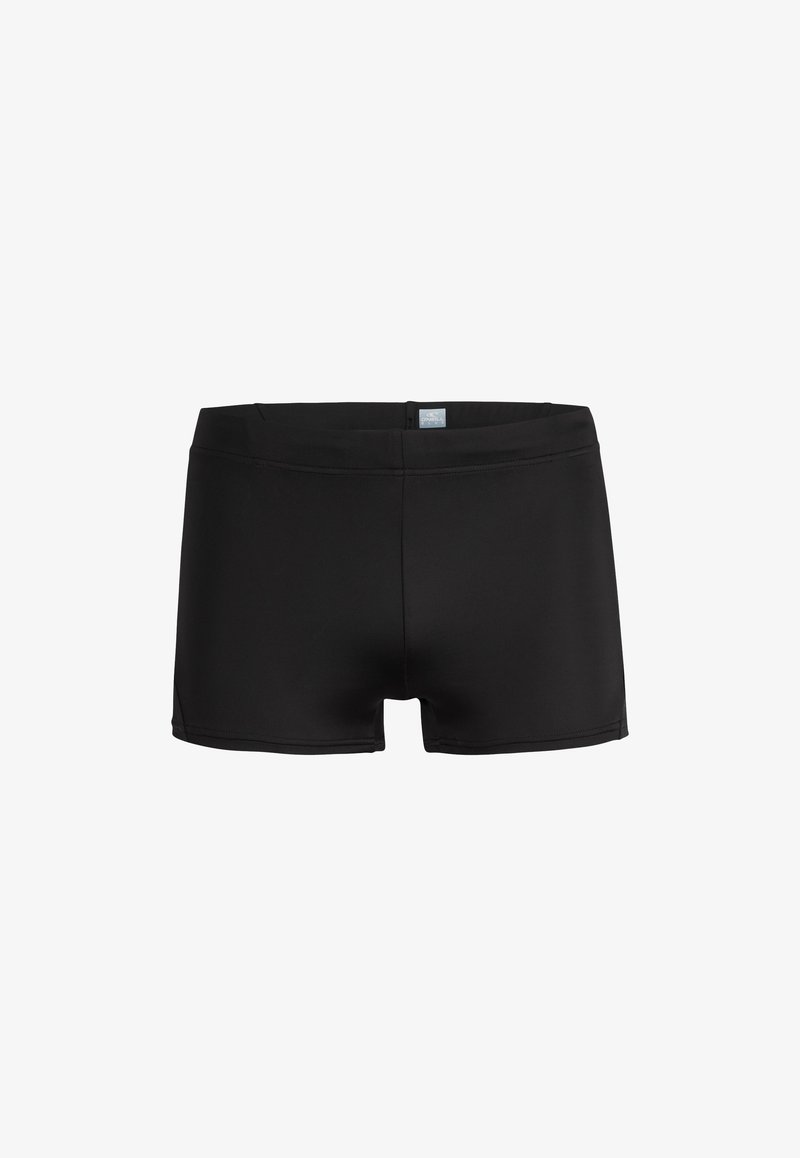 Schwarze Schwimmshorts aus einem glatten, dehnbaren Material. Einfaches Design mit einem mittelhohen Bund und ohne Muster oder Metallteile.