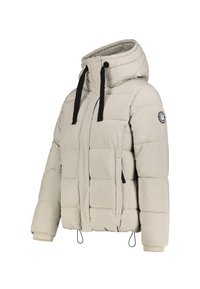 Helle beige, gesteppte Pufferjacke mit Kapuze, schwarzen Kordeln, Seitentaschen, gerippten Bündchen und runder Logoplate auf dem Ärmel.