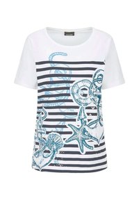 Wit overhemd met korte mouwen en navyblauwe horizontale strepen, met blauwe nautische ontwerpen zoals een anker, zeester, schelp en touw.