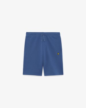 Kék színű, alkalmi rövidnadrág rugalmas derékpánttal és húzózsinórral, a jobb lábszáron egy kis sárga hímzett logóval.