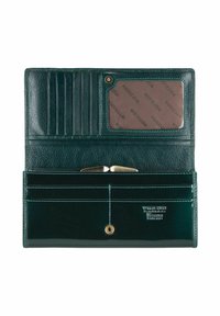 Portafoglio in pelle verde con una finitura texture, dotato di numerosi scomparti per carte, una finestra trasparente per l'ID e una chiusura a scatto. Dettagli in metallo dorato.