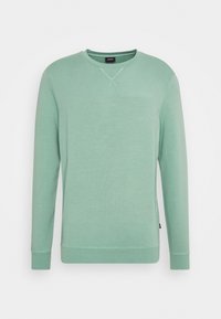 Sudadera verde clara hecha de una tela suave, con mangas largas, cuello redondo y una pequeña etiqueta con el logo en la costura lateral izquierda.