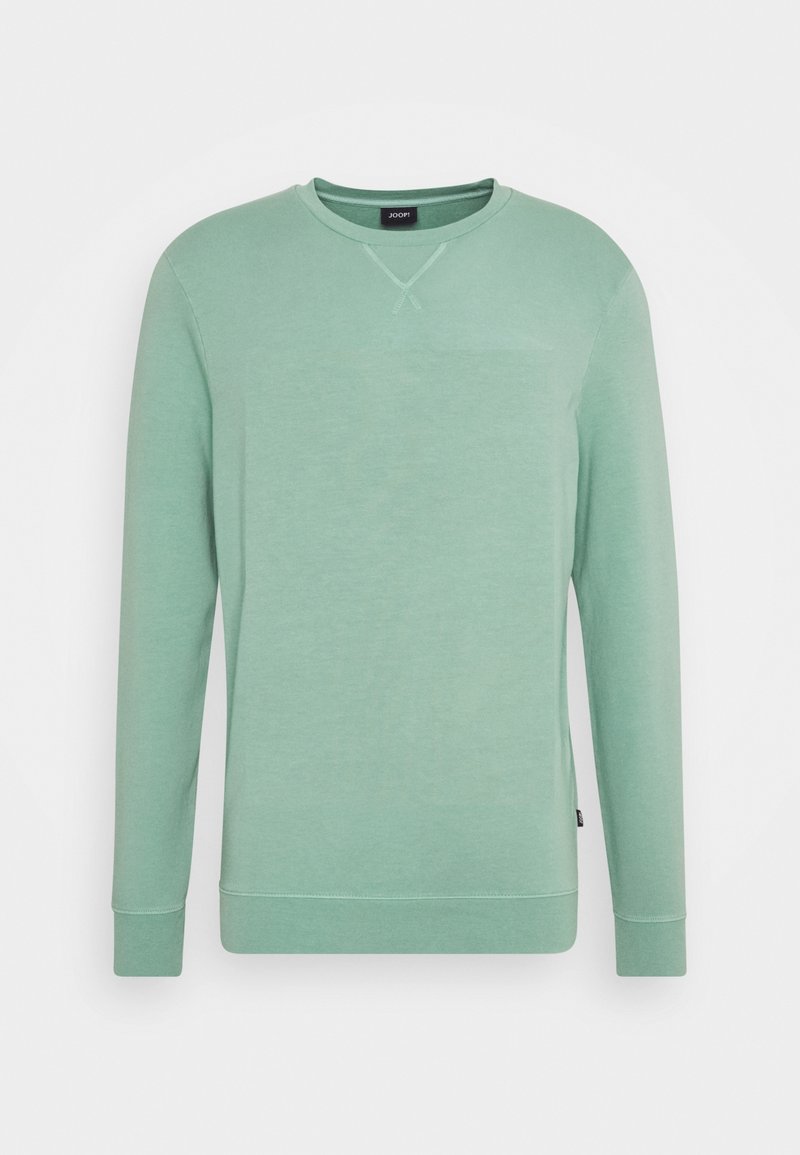 Sudadera verde clara hecha de una tela suave, con mangas largas, cuello redondo y una pequeña etiqueta con el logo en la costura lateral izquierda.
