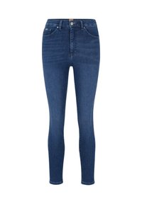 Mörkblå skinny jeans i denim med en klassisk femfickedesign, bältesöljor och gylf med knappstängning.