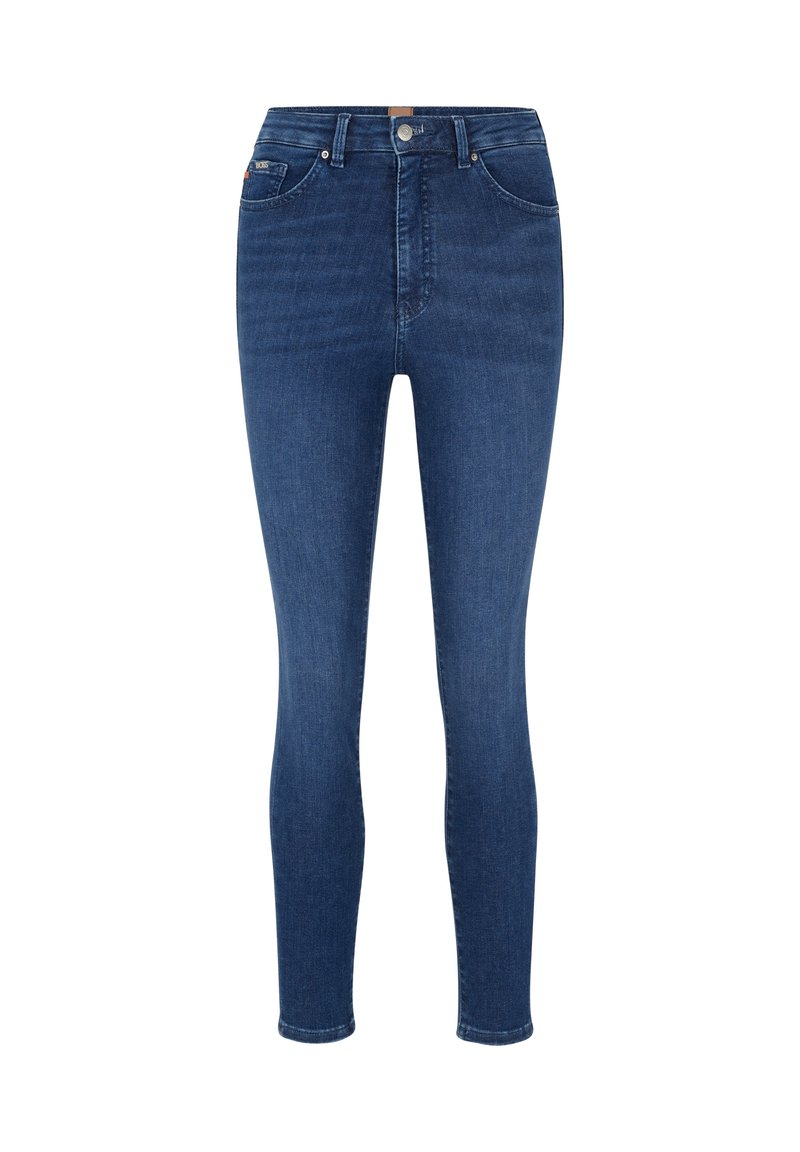 Mörkblå skinny jeans i denim med en klassisk femfickedesign, bältesöljor och gylf med knappstängning.