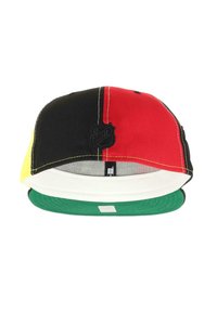 Multi-colored cap featuring black, red, yellow, and green panels. Emblem on the front, green underside of visor, white interior lining.
