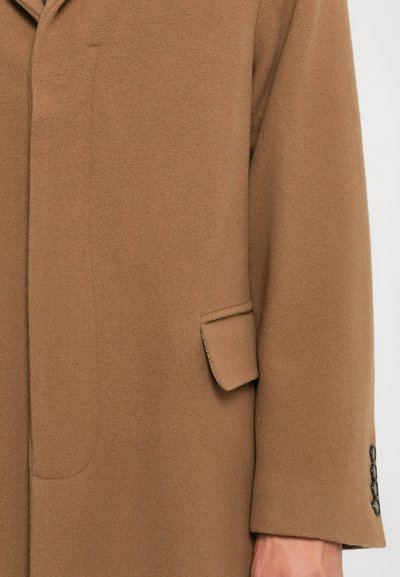 Brown wool coat sleeve and front with flap pocket and four black buttons on cuff, worn by person against white background.