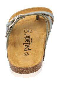 Sandal con cinghie grigie e fibbia regolabile, base simile al sughero, soletta imbottita color beige e suola in gomma testurizzata.