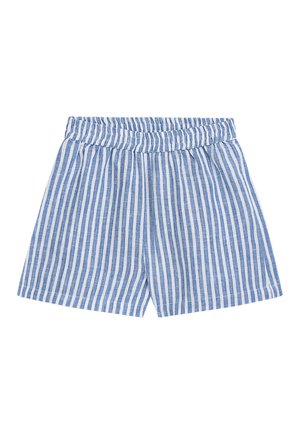 Blaue und weiße Shorts mit vertikalen Streifen, elastischem Bund und locker sitzenden Beinen, entworfen für den Freizeitgebrauch.