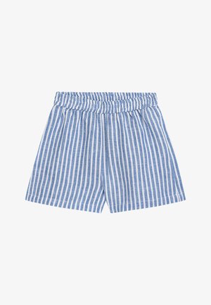 Blaue und weiße Shorts mit vertikalen Streifen, elastischem Bund und locker sitzenden Beinen, entworfen für den Freizeitgebrauch.