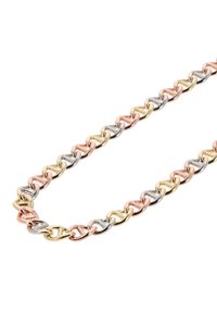 Trekantet kæde med tre farver, der har sammenkoblede segmenter i rosaguld, gulld og sølv. Glat, poleret finish med et ensartet design.