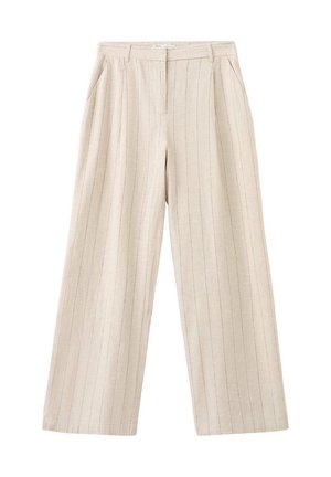 Pantalones beige de pierna ancha con sutiles rayas verticales, pinzas delanteras, bolsillos laterales y cinturilla con cierre de botón y cremallera.