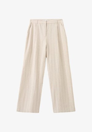 Pantalones beige de pierna ancha con sutiles rayas verticales, pinzas delanteras, bolsillos laterales y cinturilla con cierre de botón y cremallera.