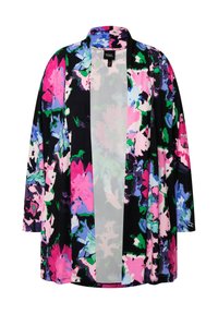 Kimono floral en negro con patrones multicolores en rosa, azul y verde. Tejido ligero, diseño de frente abierto y mangas largas.