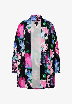 Kimono floreale nero con motivi multicolori in rosa, blu e verde. Tessuto leggero, design con apertura frontale e maniche lunghe.