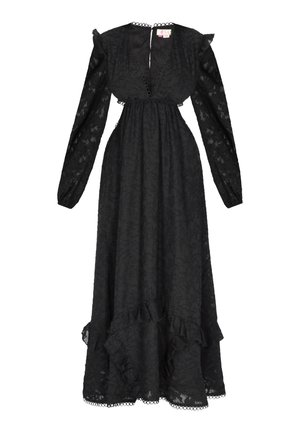 Vestido maxi de manga larga negro, hecho de un tejido texturizado con estampado floral, dobladillo con volantes y detalles de encaje en el escote y las mangas.