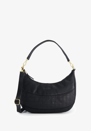 Black leather handbag featuring a curved design, embossed texture on the lower section, gold hardware accents, and a removable shoulder strap.