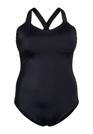 Must mustriga mustriga ujumistrikoo, millel on sile tekstuur, risti selja rööpad ja volditud detail rinnaosas. Omab elegantset, minimalistlikku disaini.