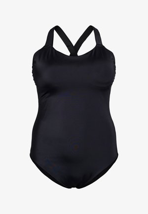 Must mustriga mustriga ujumistrikoo, millel on sile tekstuur, risti selja rööpad ja volditud detail rinnaosas. Omab elegantset, minimalistlikku disaini.