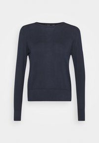 Pull bleu marine à manches longues en tissu tricoté doux, avec un col rond, des poignets ajustés et un ourlet côtelé. Design simple, sans motifs.