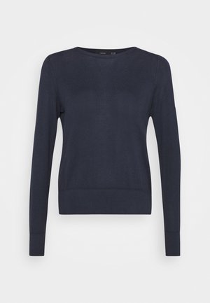 Pull bleu marine à manches longues en tissu tricoté doux, avec un col rond, des poignets ajustés et un ourlet côtelé. Design simple, sans motifs.