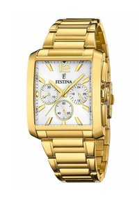 Orologio in acciaio inossidabile color oro con quadrante bianco quadrato, tre sottodial, grandi indici delle ore e bracciale a maglia.