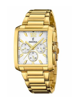 Zlato obarvan jeklen ure z belo kvadratno številčnico, tremi podštevilčnicami, velikimi urnimi oznakami in povezovalnim zapestjem.