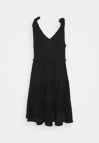 Schwarzes ärmelloses Midikleid mit V-Ausschnitt, Schulterbindungen und geschichteter Rüschensaum, auf einem weißen Hintergrund präsentiert.