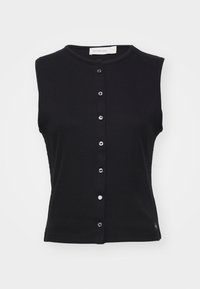 Schwarzes, ärmelloses Top mit rundem Ausschnitt, mit einer vorderen Knopfverschlussleiste und einem gerippten Muster. Dezentes Logodetail am Saum.