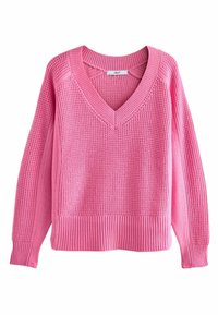 V-Ausschnitt, gestrickter Pullover in leuchtendem Pink. Mit gerippten Bündchen und Saum, sowie einem strukturierten Muster über dem Körper.