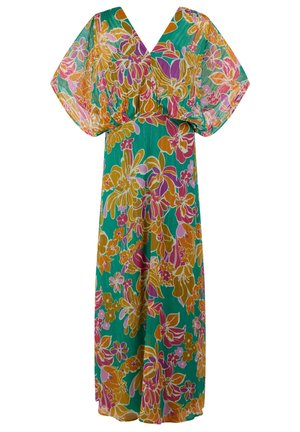 Robe longue à fleurs avec manches courtes bouffantes, col en V, et un motif coloré de fleurs orange, rose, violet et vert sur un fond bleu sarcelle.