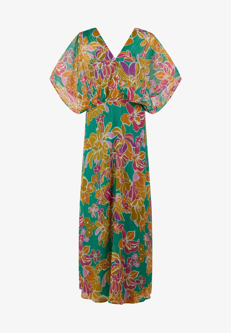 Robe longue à fleurs avec manches courtes bouffantes, col en V, et un motif coloré de fleurs orange, rose, violet et vert sur un fond bleu sarcelle.