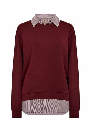 Burgundy pullover dengan lengan panjang, menampilkan kerah dan hem bergaris putih dan burgundy. Terbuat dari kain lembut dengan fitting yang santai.